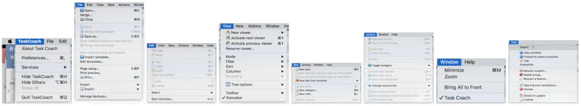 Menus of Task Coach